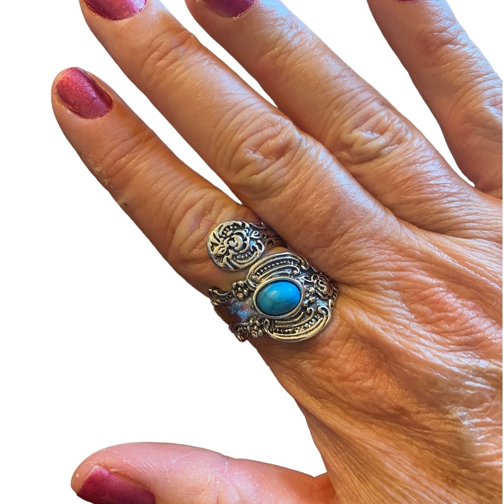 Boho Style Silver and Turquoise Spoon Wrap Ring